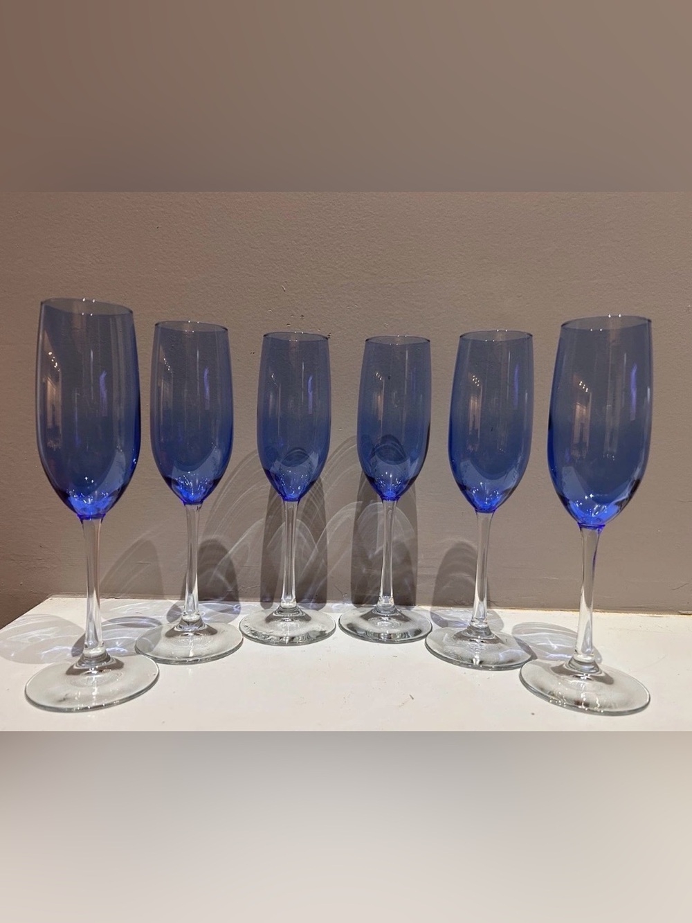 Set of 6 Libbey Vinas Blue Stemmed Champagne Flutes